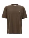Brunello Cucinelli Printed Logo Crew Neck T-shirt With Side Slits In Brown
