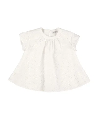 Brunello Cucinelli Kids' Logo Short-sleeved Blouse In White