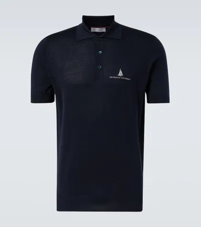 Brunello Cucinelli Logo Silk And Cotton Polo Shirt In Blue