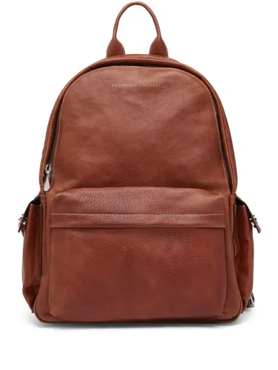 Brunello Cucinelli Logo-stamp Leather Backpack In Brown
