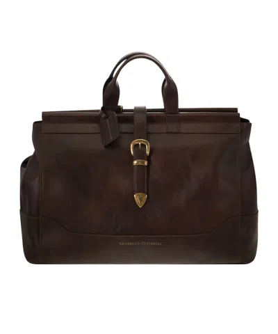 Brunello Cucinelli Logo-stamp Leather Holdall In Black