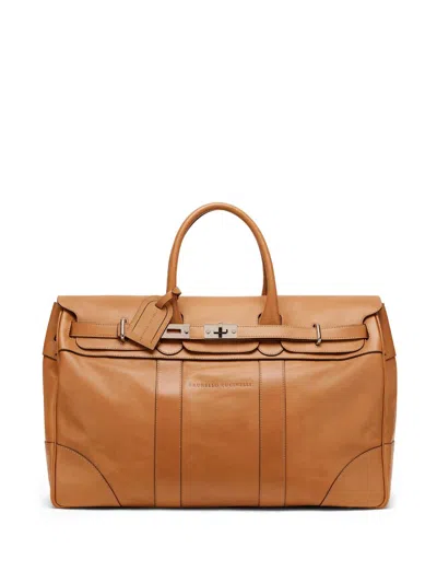 Brunello Cucinelli Logo-stamp Leather Holdall In Brown
