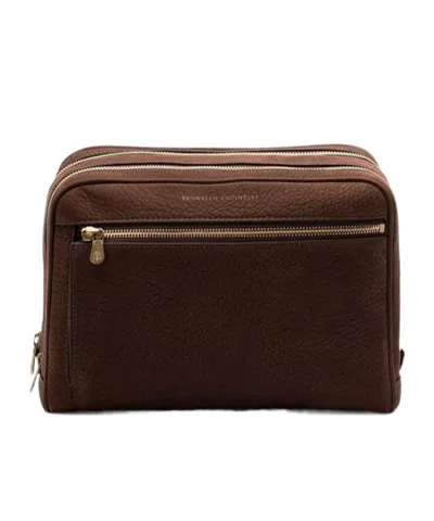 Brunello Cucinelli Logo-stamp Leather Wash Bag In Black