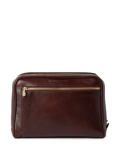 Brunello Cucinelli Logo-stamp Leather Wash Bag In Red