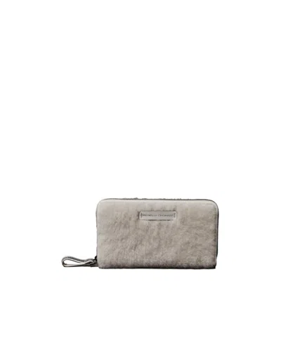 Brunello Cucinelli Logo Sticker Zipper Wallet In Gray