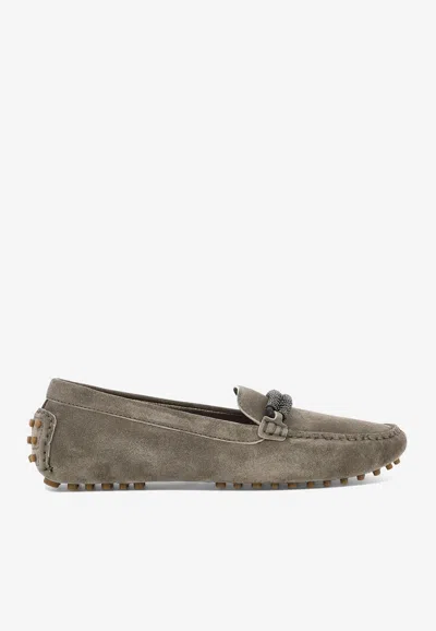 Brunello Cucinelli Logo Strap Suede Loafers