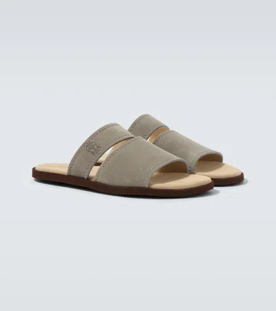 Brunello Cucinelli Logo Suede Sandals In Gray