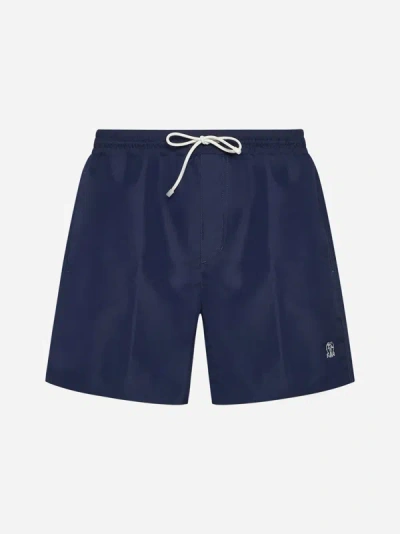 Brunello Cucinelli Mens Logo Embroidered Swim Trunks In Navy In Blue