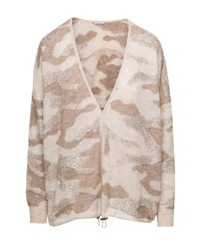 Brunello Cucinelli Logo V-neck Knitted Cardigan In Nude