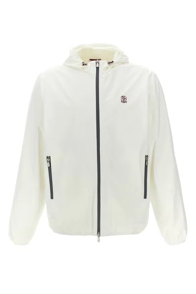 Brunello Cucinelli Waterproof Logo Jacket With Hood And Pockets In White