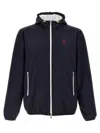 Brunello Cucinelli Membranated Nylon Jacket With Logo And Hood In Blue