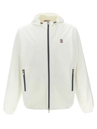 Brunello Cucinelli Waterproof Logo Jacket With Hood And Pockets In White