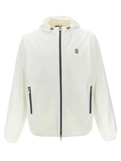 Brunello Cucinelli Waterproof Logo Jacket With Hood And Pockets In White