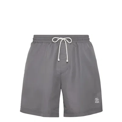 Brunello Cucinelli Logo-embroidered Drawstring Swim Shorts In Gray