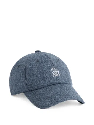 Brunello Cucinelli Kids' Logo-embroidered Flannel Cap In Blue