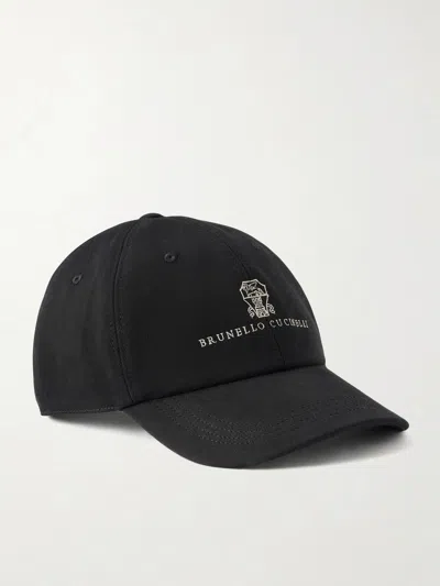 Brunello Cucinelli Baseball Cap In Garment-dyed Twisted Cotton Gabardine With Embroidered Logo In Black
