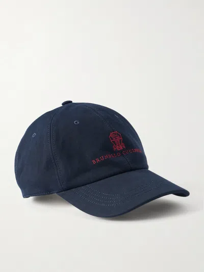 Brunello Cucinelli Logo-embroidered Leather-trimmed Cotton-twill Baseball Cap In Blue