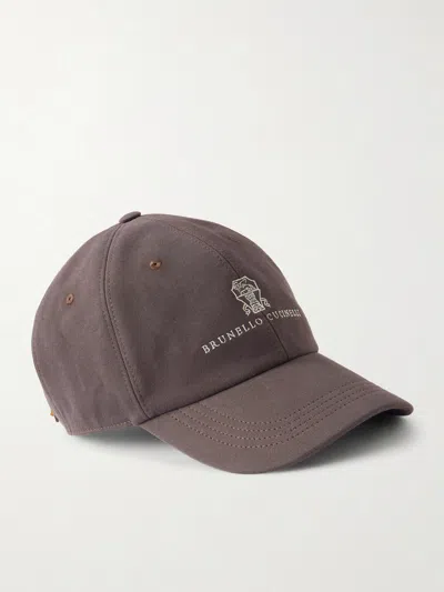 Brunello Cucinelli Logo-embroidered Leather-trimmed Cotton-twill Baseball Cap In Brown