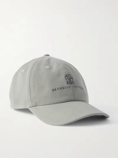 Brunello Cucinelli Logo-embroidered Leather-trimmed Cotton-twill Baseball Cap In Gray