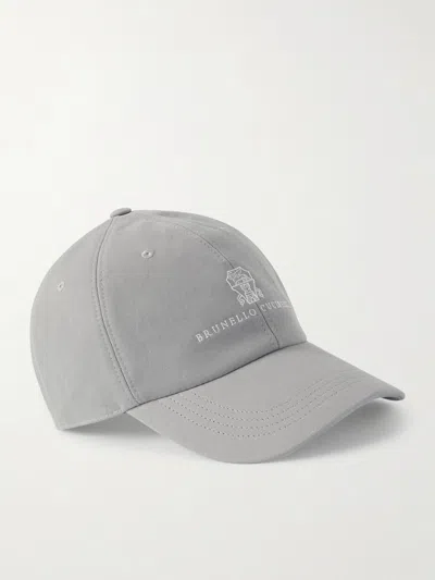 Brunello Cucinelli Logo-embroidered Leather-trimmed Cotton-twill Baseball Cap In Green