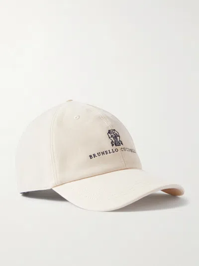 Brunello Cucinelli Logo-embroidered Leather-trimmed Cotton-twill Baseball Cap In Neutral
