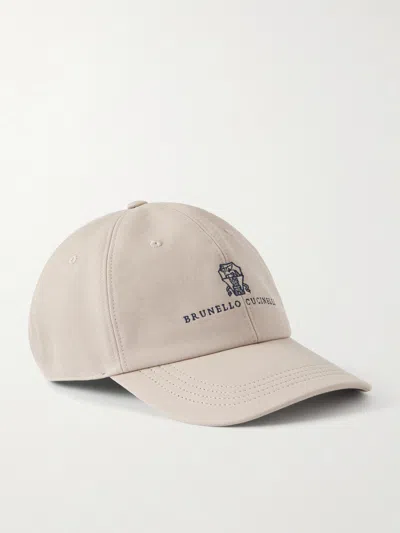 Brunello Cucinelli Logo-embroidered Leather-trimmed Cotton-twill Baseball Cap In Neutrals