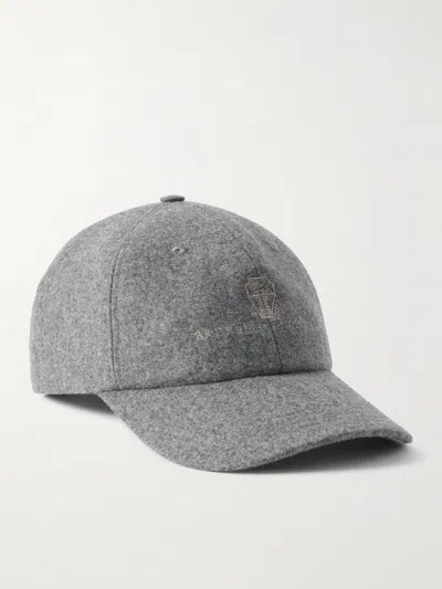 Brunello Cucinelli Logo-embroidered Leather-trimmed Wool-flannel Baseball Cap In Gray