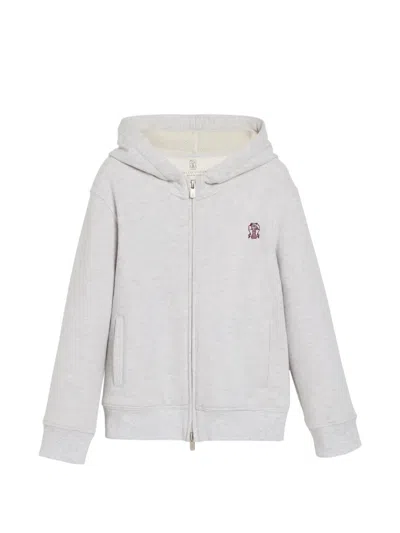 Brunello Cucinelli Kids' Logo-embroidered Zip-up Hoodie In Grey