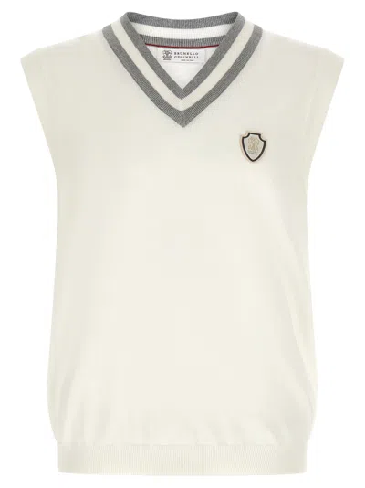 Brunello Cucinelli Logo-patch Cotton Knit Vest In Cream