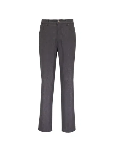 Brunello Cucinelli Logo-patch Straight-leg Wool Trousers In Gray