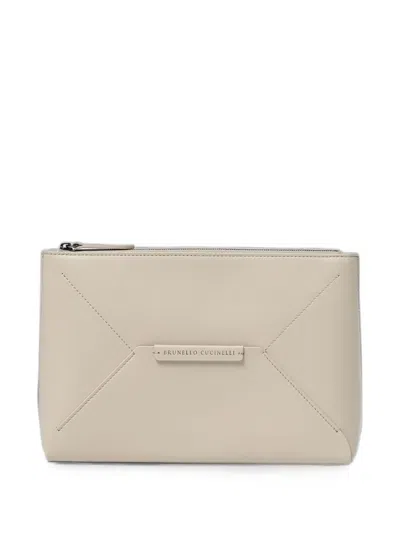 Brunello Cucinelli Logo-plaque Leather Clutch Bag In Neutral