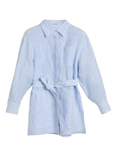 Brunello Cucinelli Kids' Long Belted Shirt In Blue