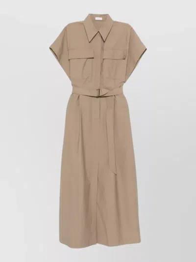Brunello Cucinelli Long Cotton Dress Belted Waist Pockets In Brown