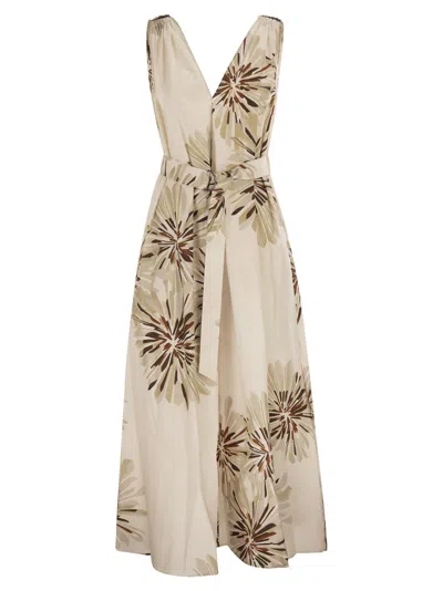 Brunello Cucinelli Long Cotton Dress With Floral Print And Matching Belt In Multi
