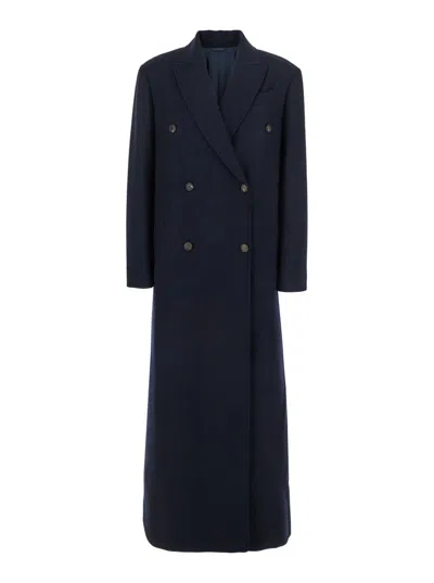 BRUNELLO CUCINELLI BLUE DOUBLE-BREASTED LONG COAT WITH PEAK REVERS IN WOOL BLEND WOMAN