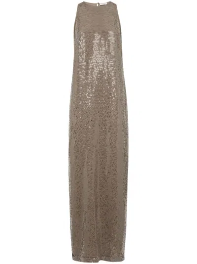 Brunello Cucinelli Sequinned Silk Column Maxi Dress In Beige