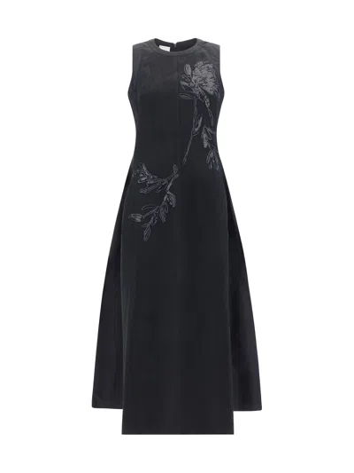 Brunello Cucinelli Crinkle Cotton Structured Dress With Embroidered Magnolia Flower In Black