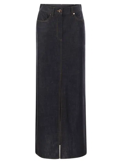 Brunello Cucinelli Long Five-pocket Skirt In Wet-effect Light Denim With Shiny Tab In Dark Denim