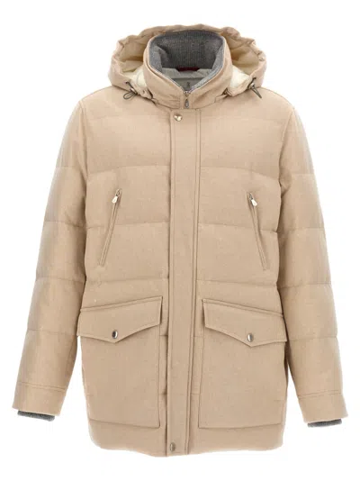 Brunello Cucinelli Long Hooded Down Jacket In Sand+panama