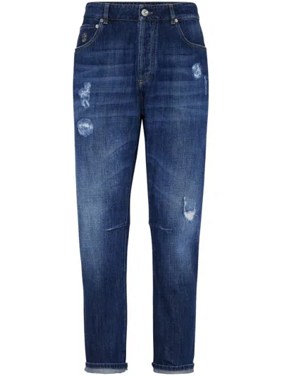 Brunello Cucinelli Long Jeans In Dark Cotton With Rips In Blue