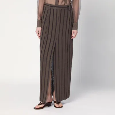 Brunello Cucinelli Long Skirt With Brown Dazzling Stripe Embroidery