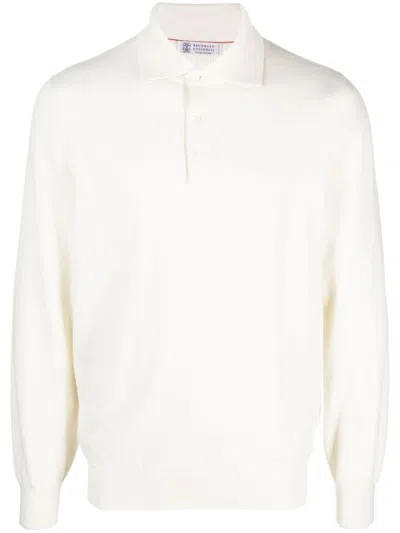 BRUNELLO CUCINELLI LONG-SLEEVE CASHMERE POLO SHIRT IN WHITE