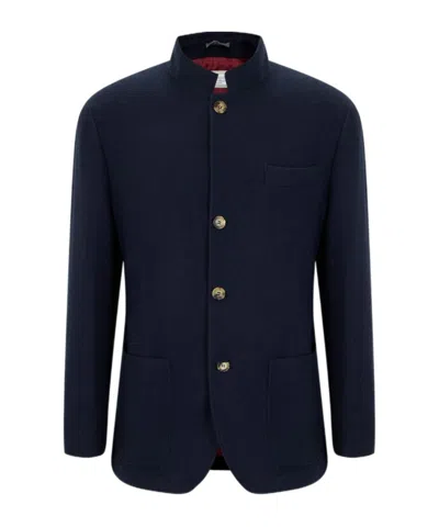 Brunello Cucinelli Water-repellent Cashmere Short Single-breasted Coat With High Collar In Blue