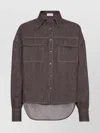 Brunello Cucinelli Brown Shirt With Classic Collar And Monil Detail On The Pocket In Cotton Blend Woman