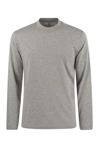 Brunello Cucinelli Long-sleeve Cotton Jersey Chimney Neck T-shirt In Light Grey
