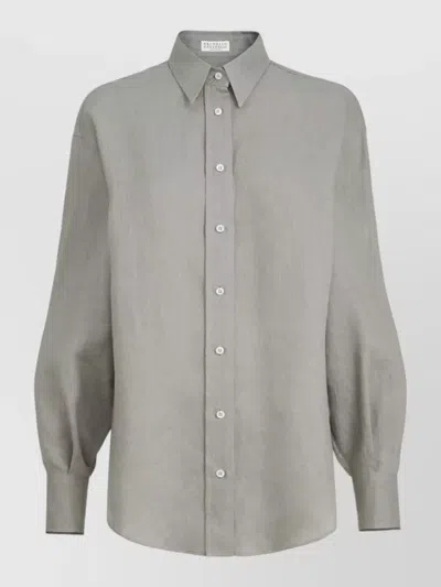 Brunello Cucinelli Long Sleeve Curved Hem Silk Nylon Shirt In Gray