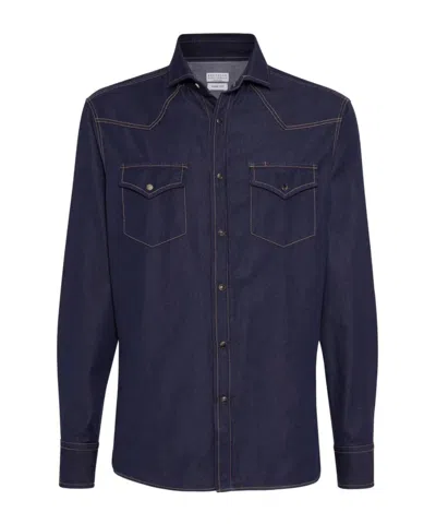 Brunello Cucinelli Long Sleeve Denim Shirt In Black