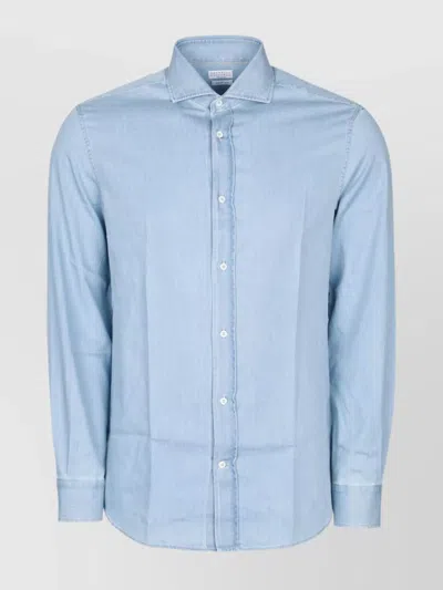 Brunello Cucinelli Long Sleeve Denim Shirt With Curved Hem In Blue