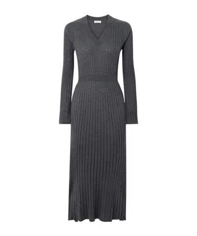 Brunello Cucinelli Ribbed Wool Midi Dress In Gray