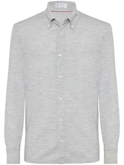 Brunello Cucinelli Men Silk And Cotton Jersey Shirt With Spread Collar In Multicolor